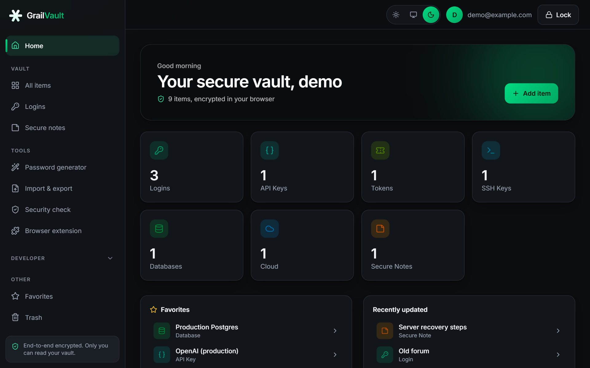The GrailVault dashboard