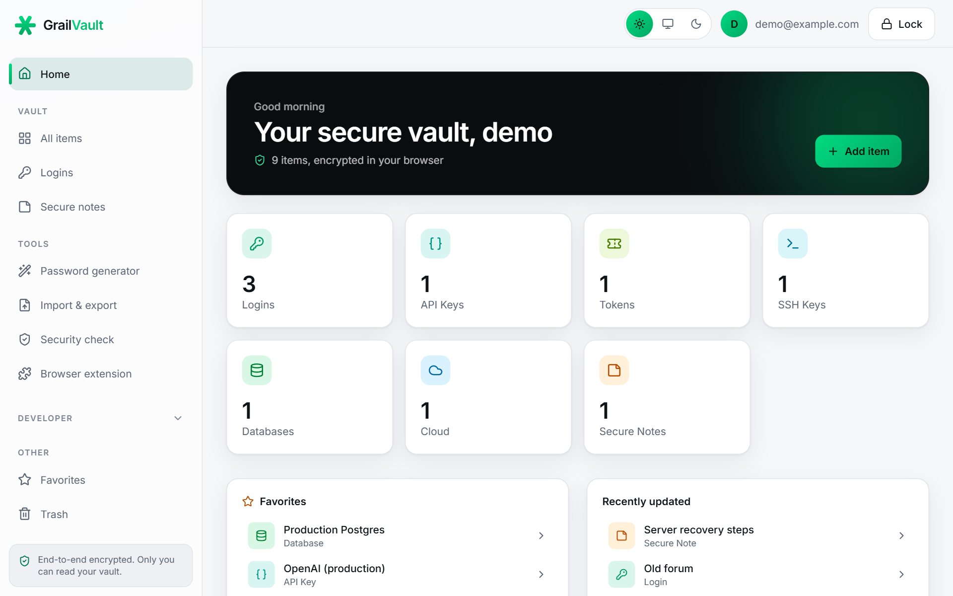 The GrailVault dashboard