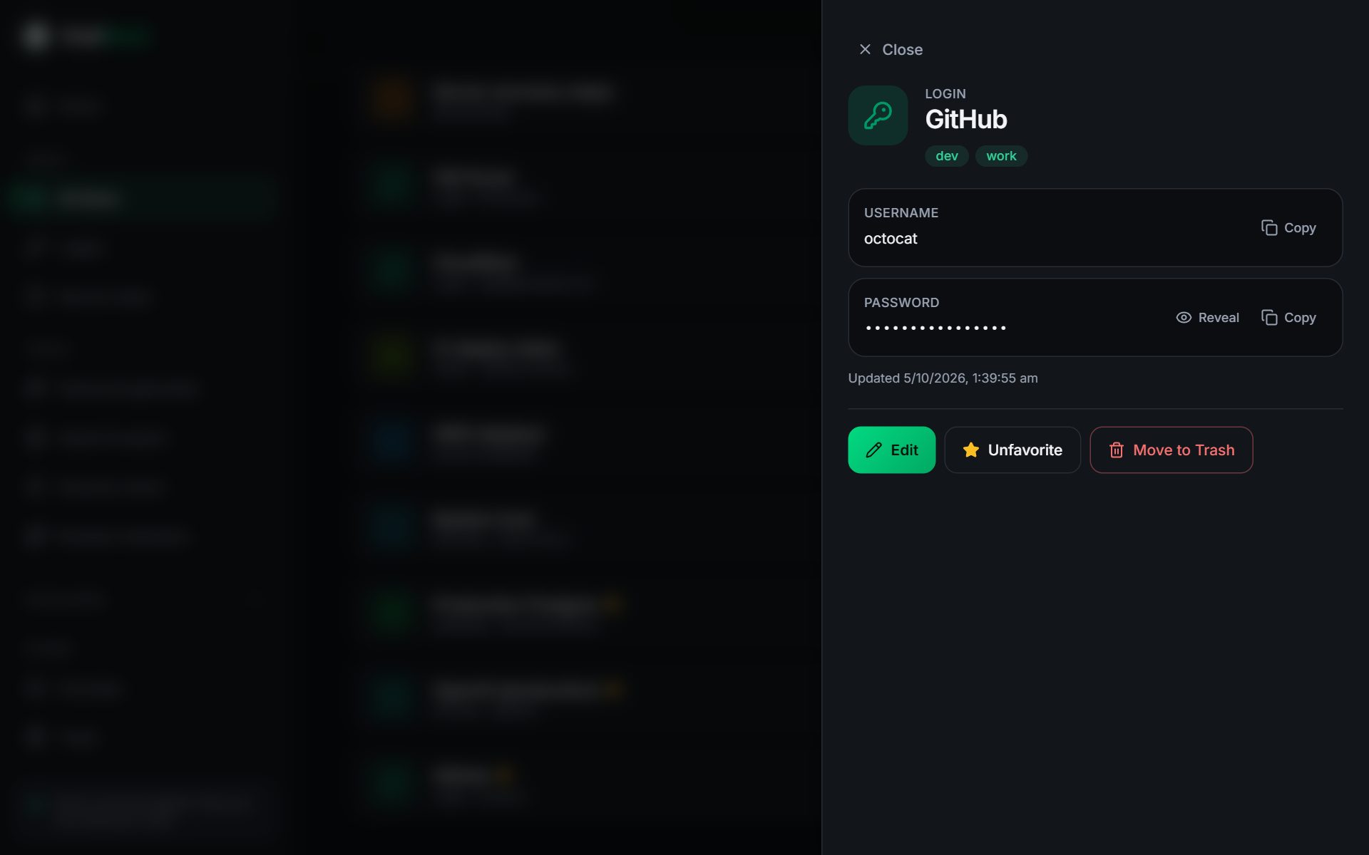 An item's details with the password masked