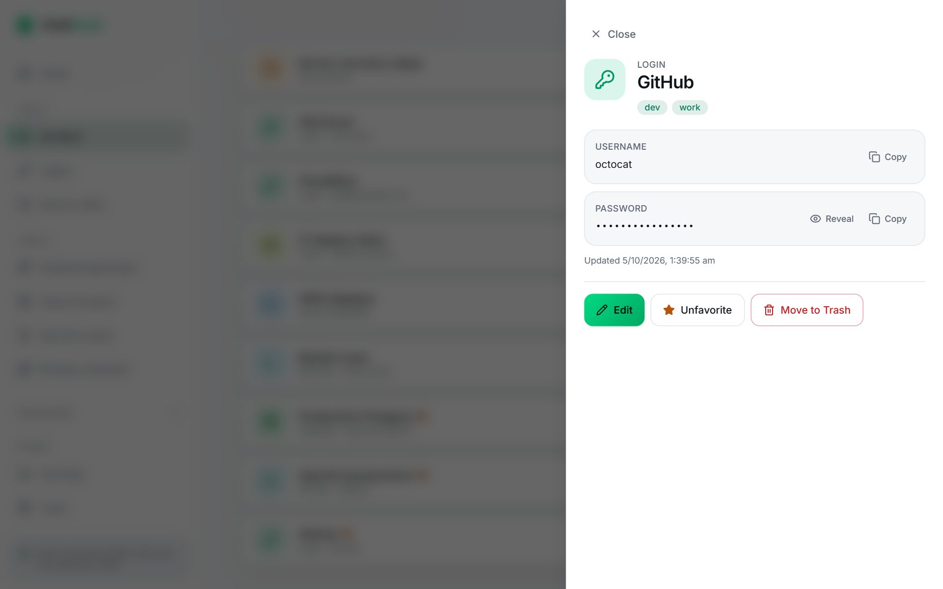 An item's details with the password masked