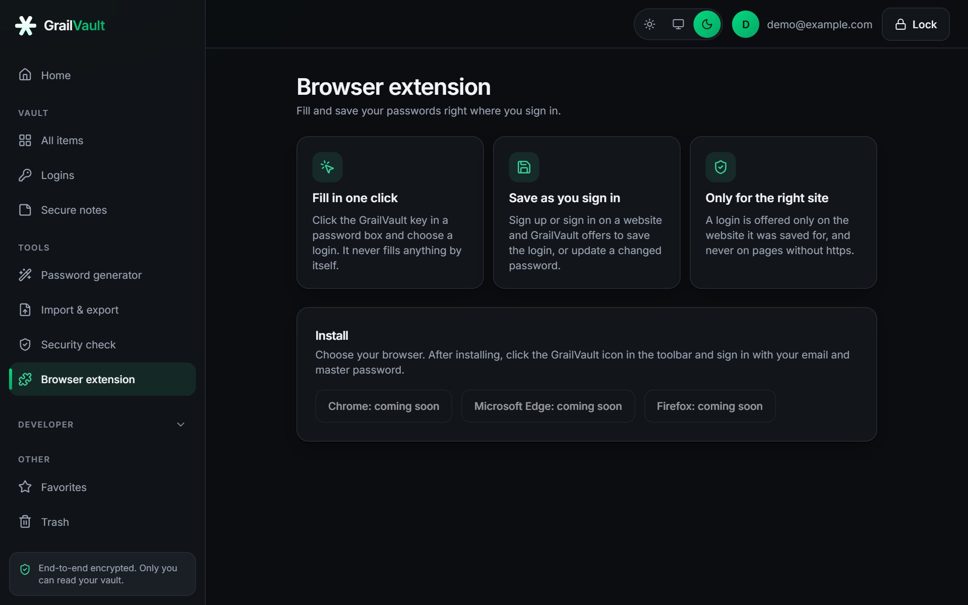 The Browser extension page inside GrailVault