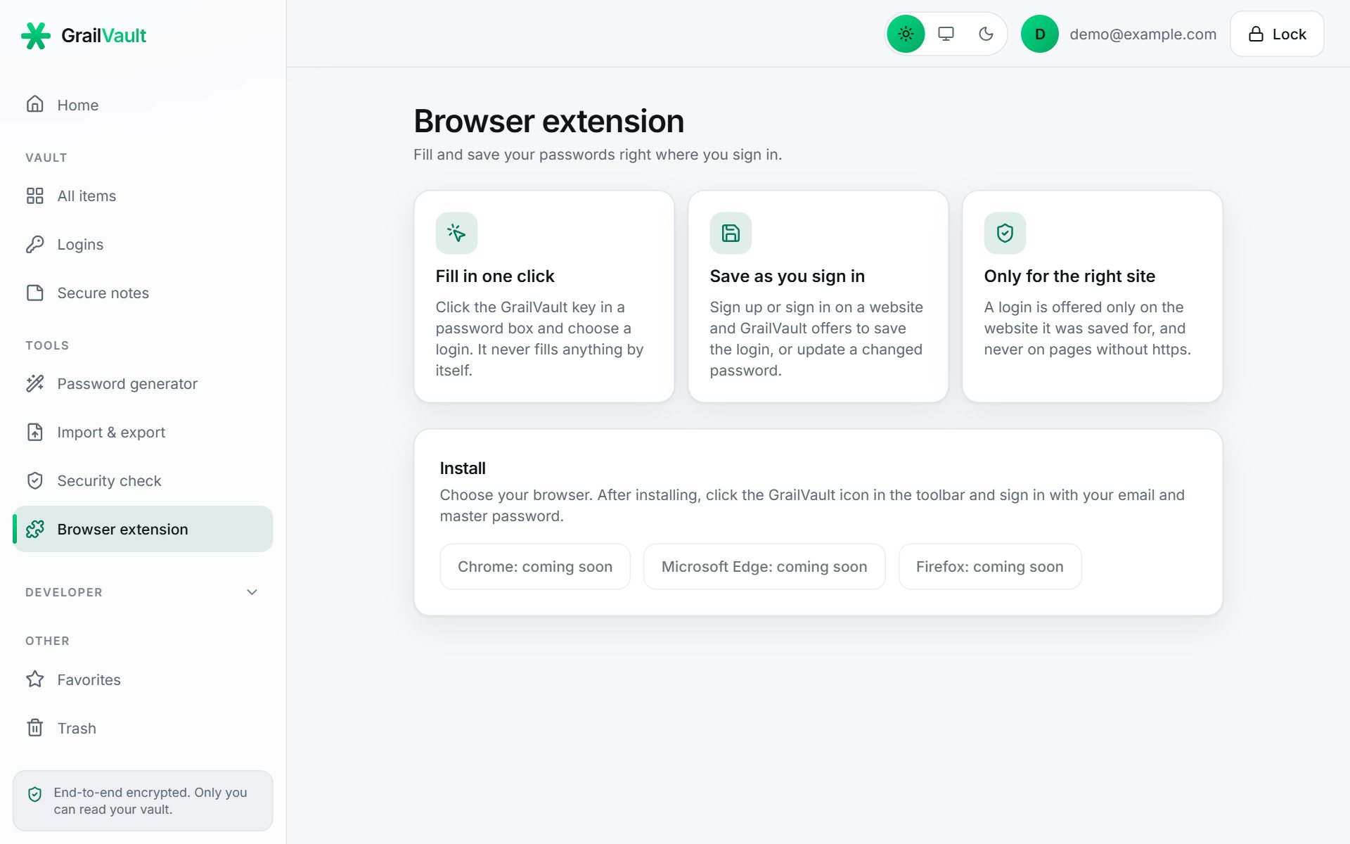 The Browser extension page inside GrailVault
