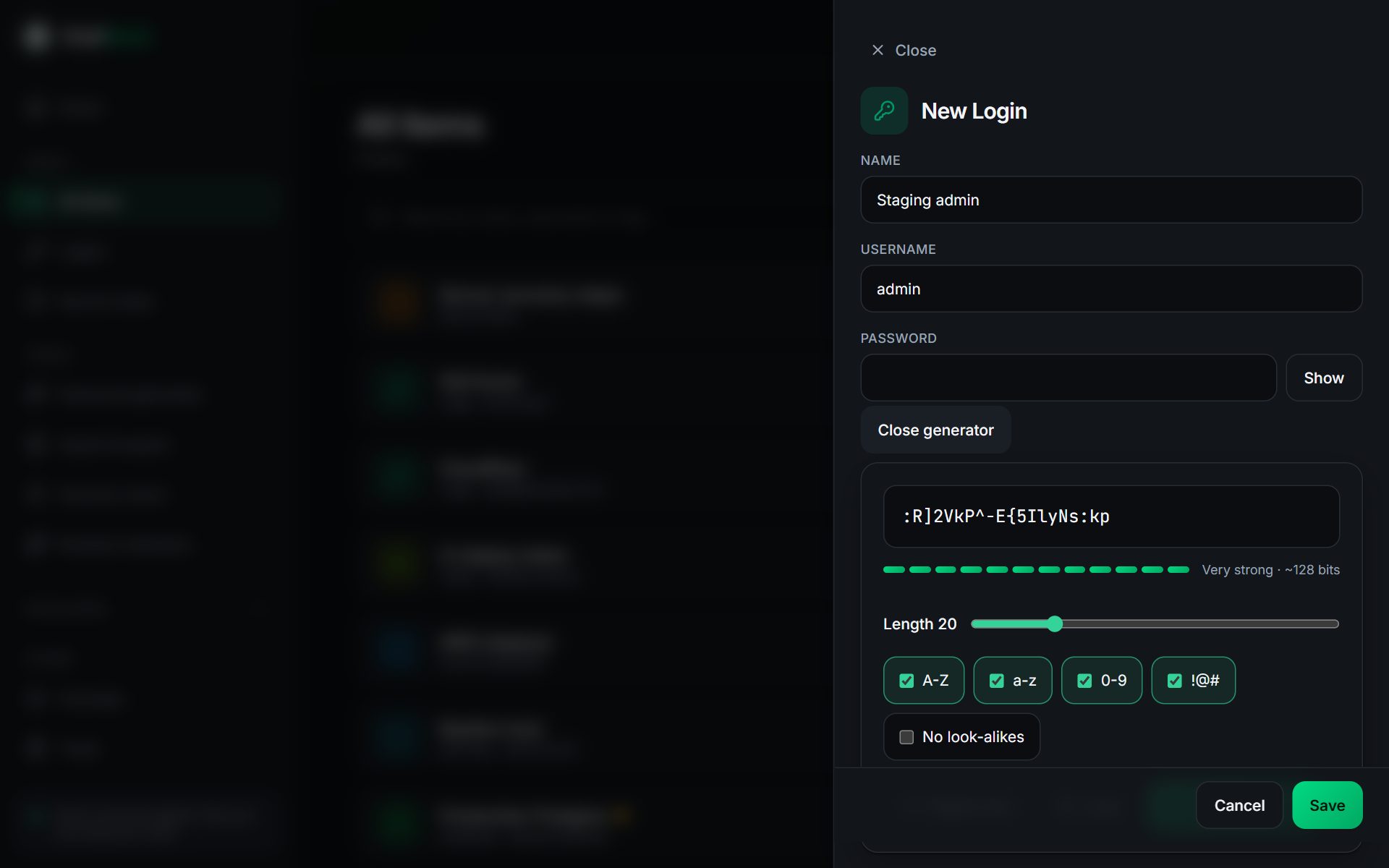 The new item form with the password generator open