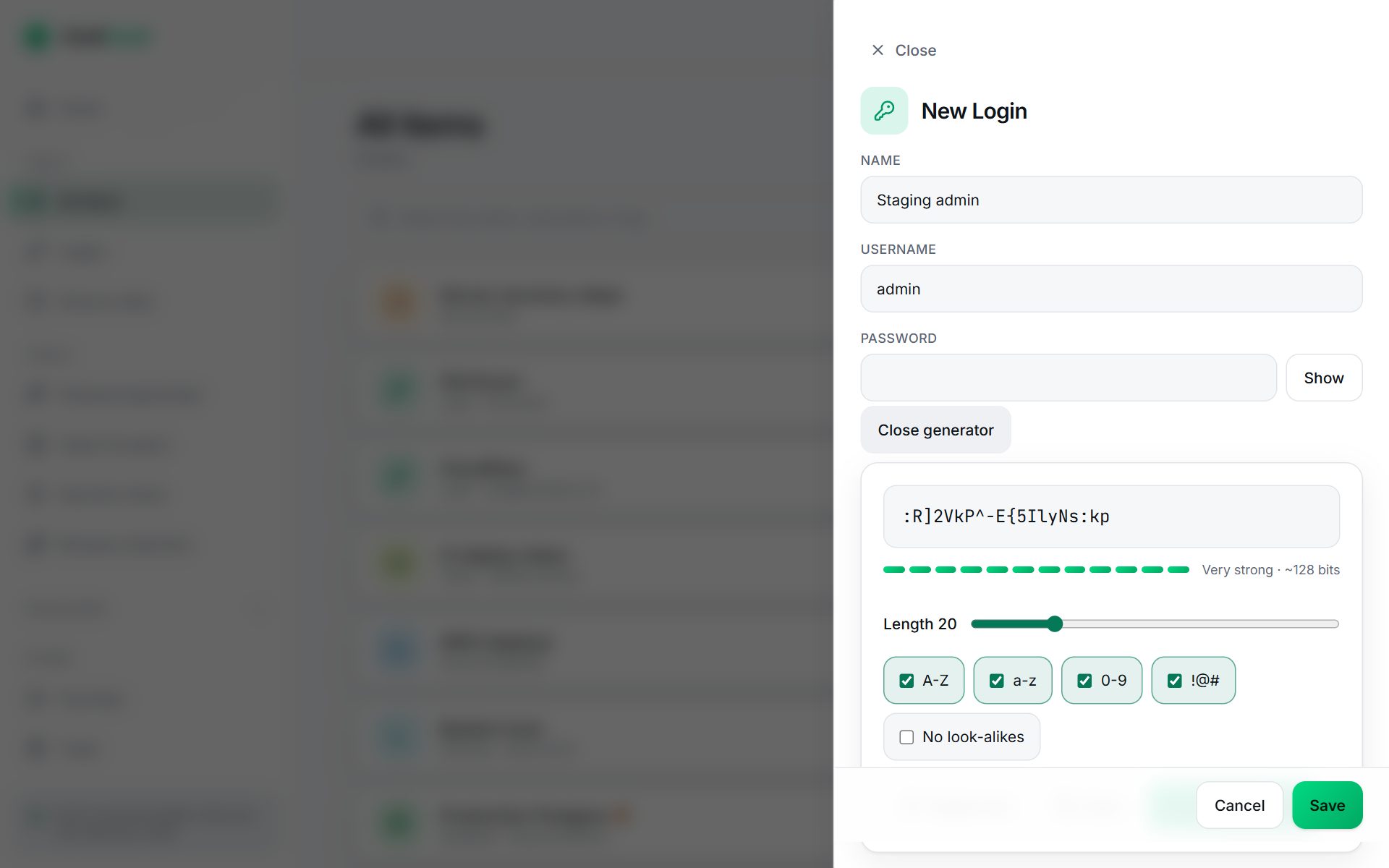 The new item form with the password generator open