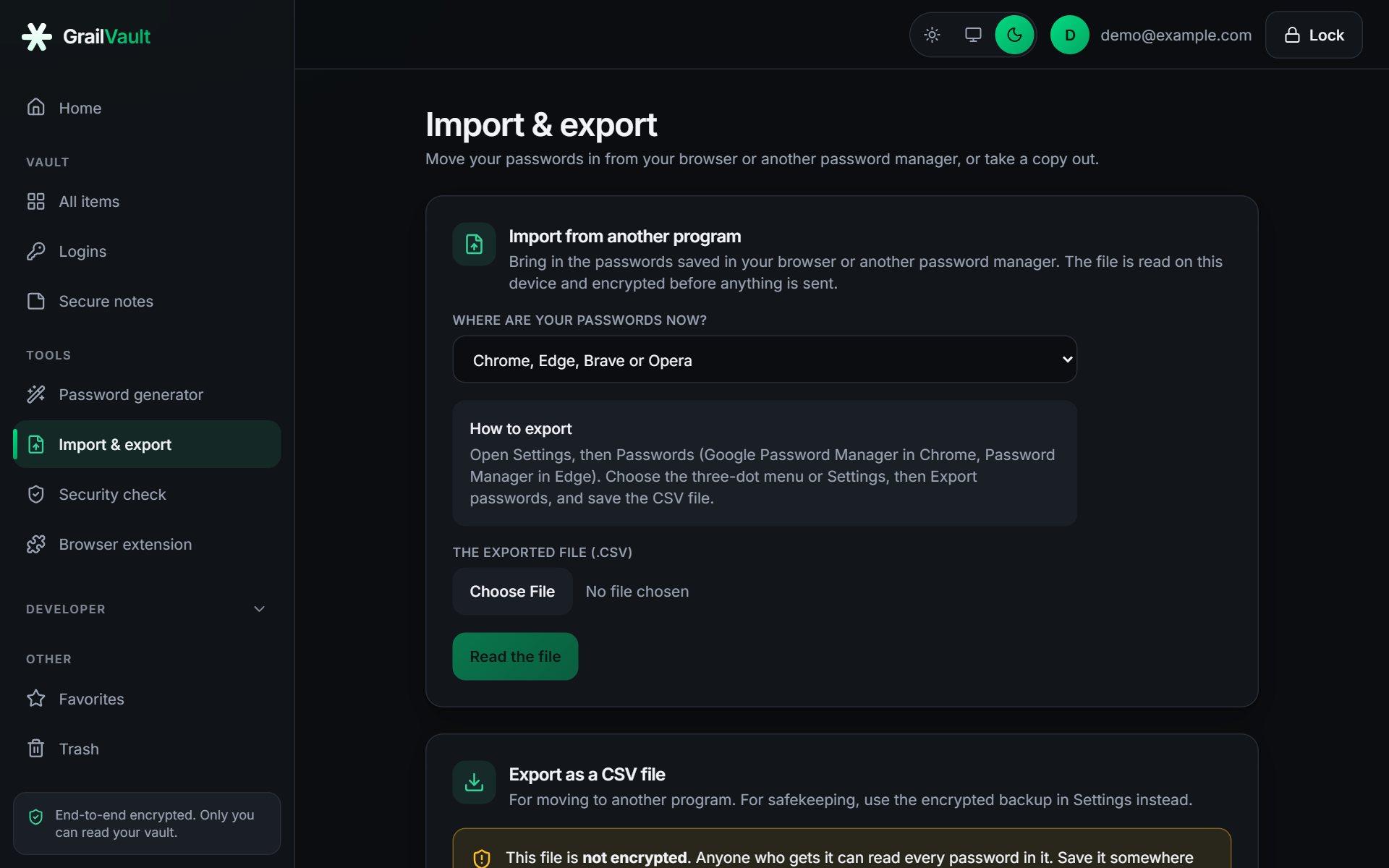 The Import and export page
