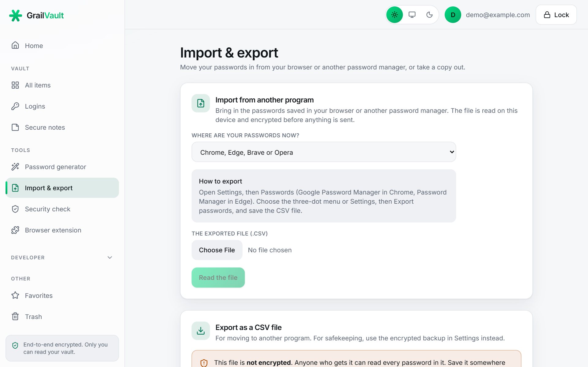 The Import and export page