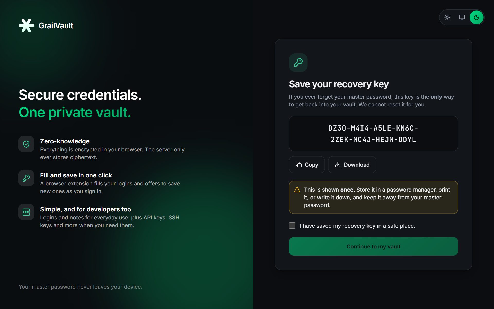 The recovery key screen shown once after sign-up