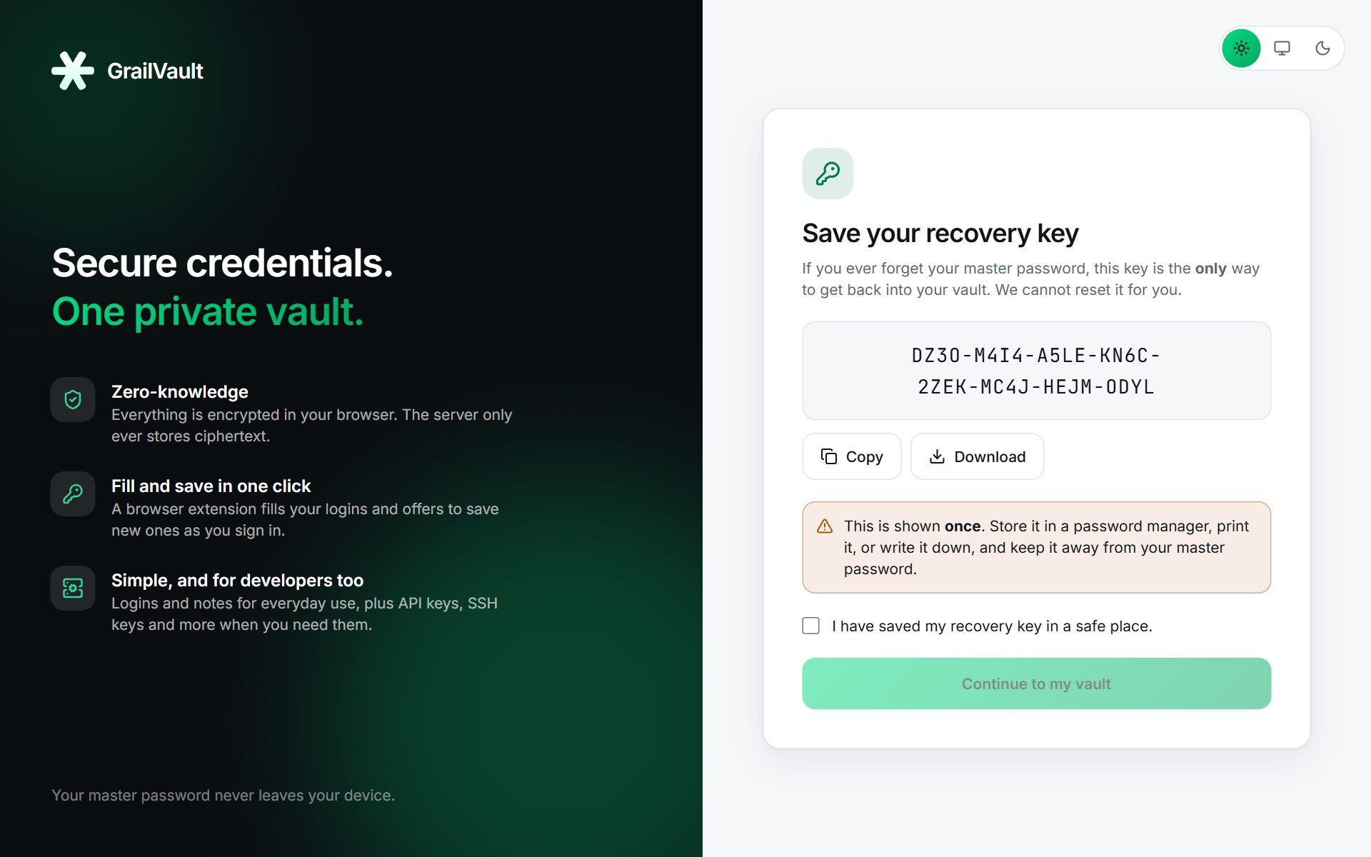 The recovery key screen shown once after sign-up