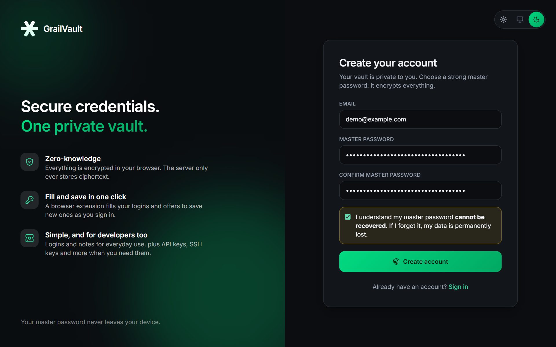 The sign-up page