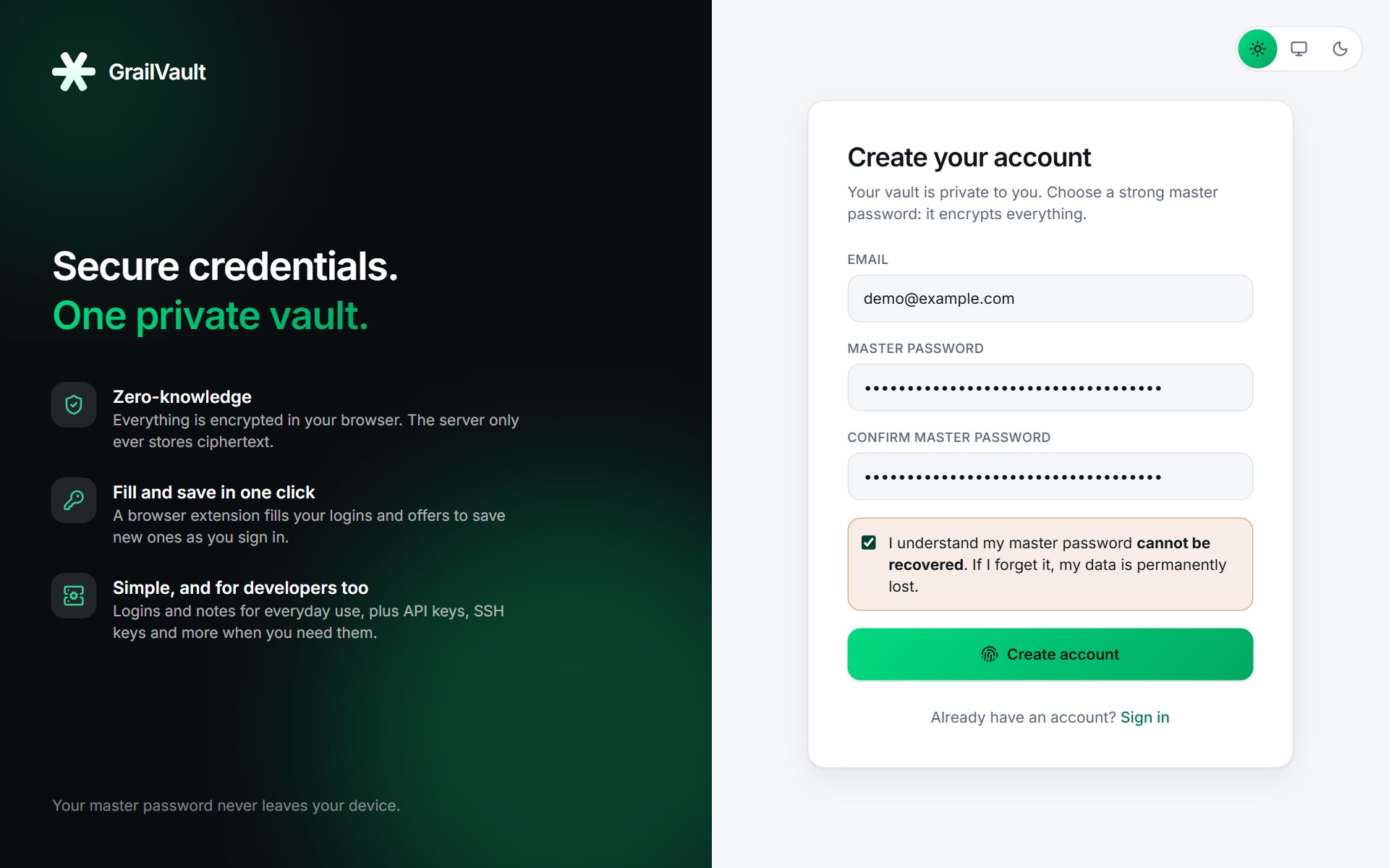 The sign-up page
