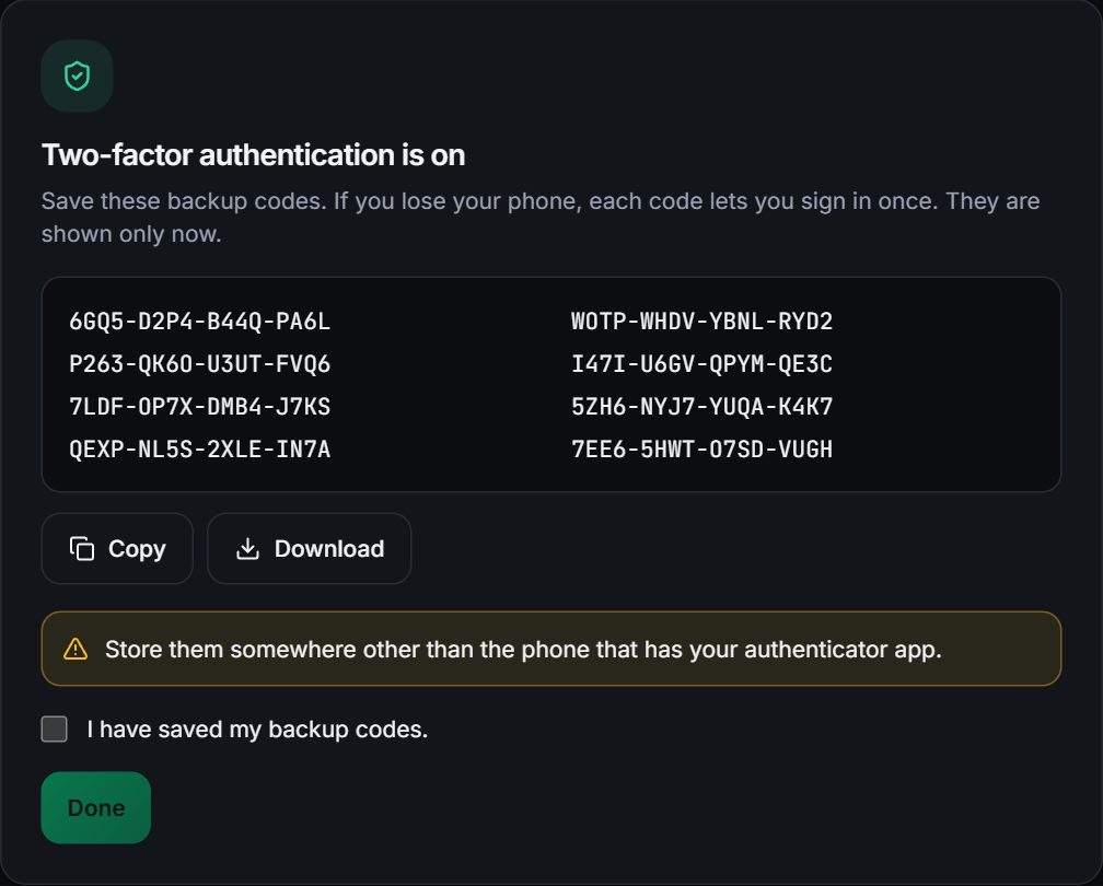 The one-time backup codes