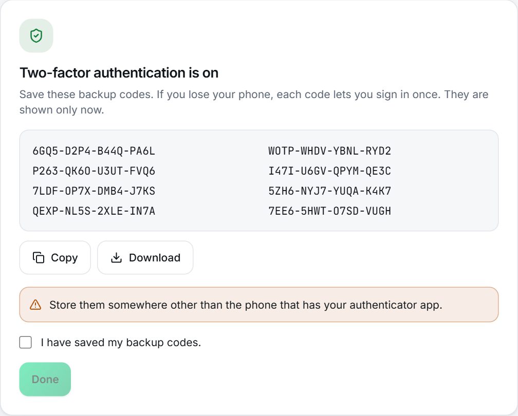 The one-time backup codes